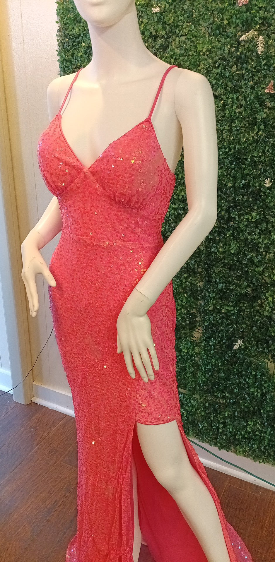Barbie pink sequin prom dress with slit