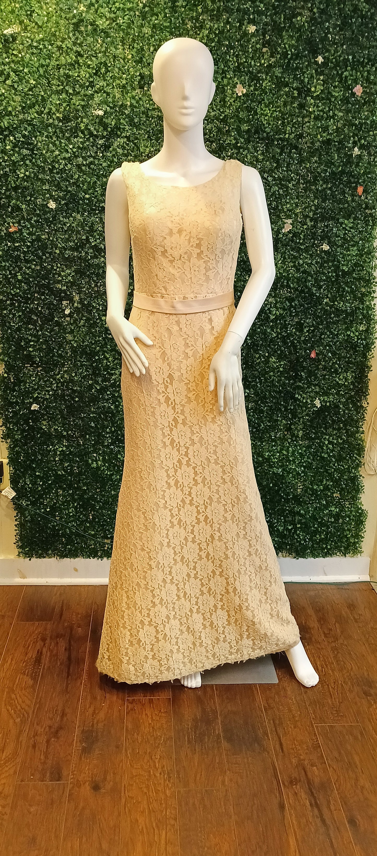 Pretty maids blush lace formal dress