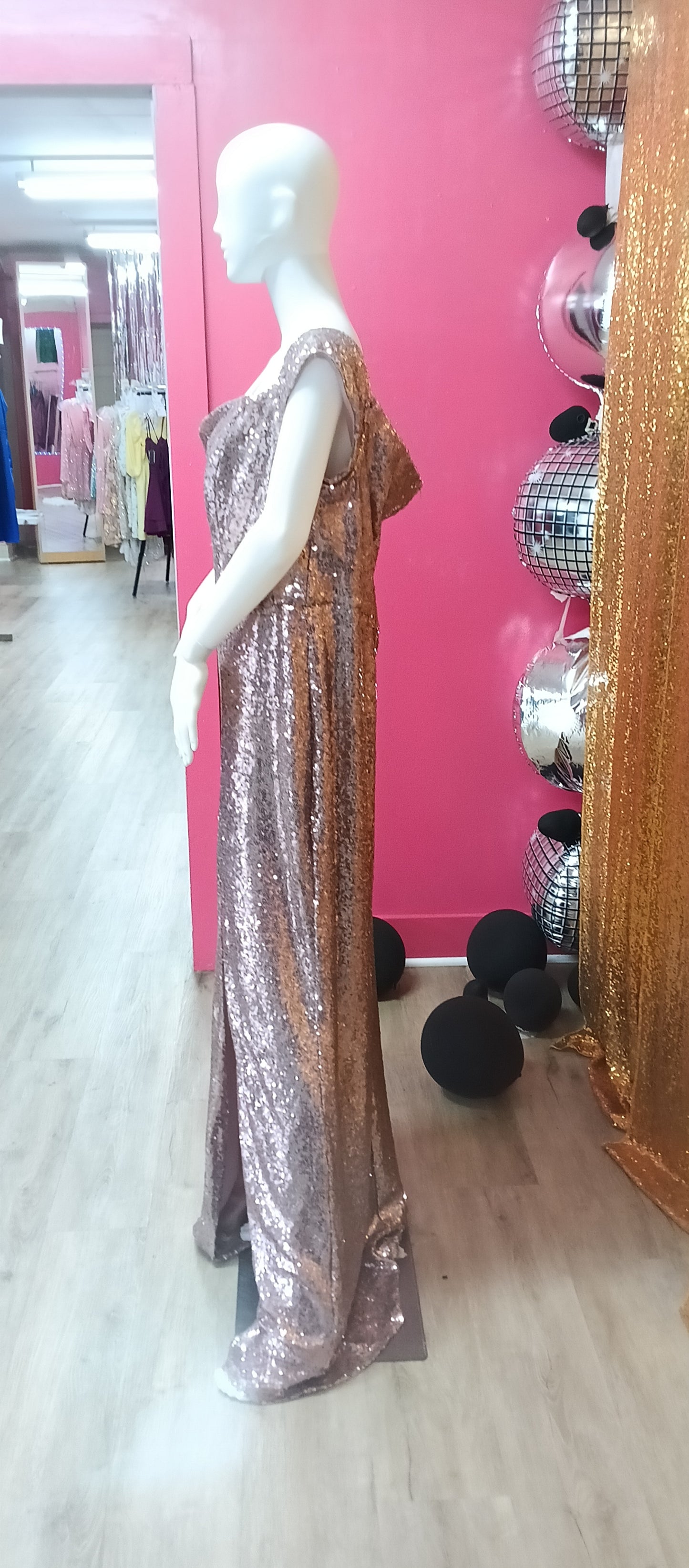 B.Darlin Off Shoulder Dusty Pink Sequin Formal Dress