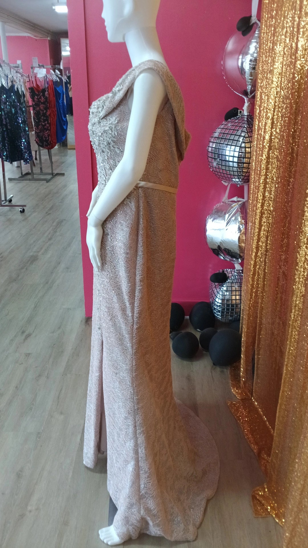 Rina dimontella rose pink off shoulder formal dress