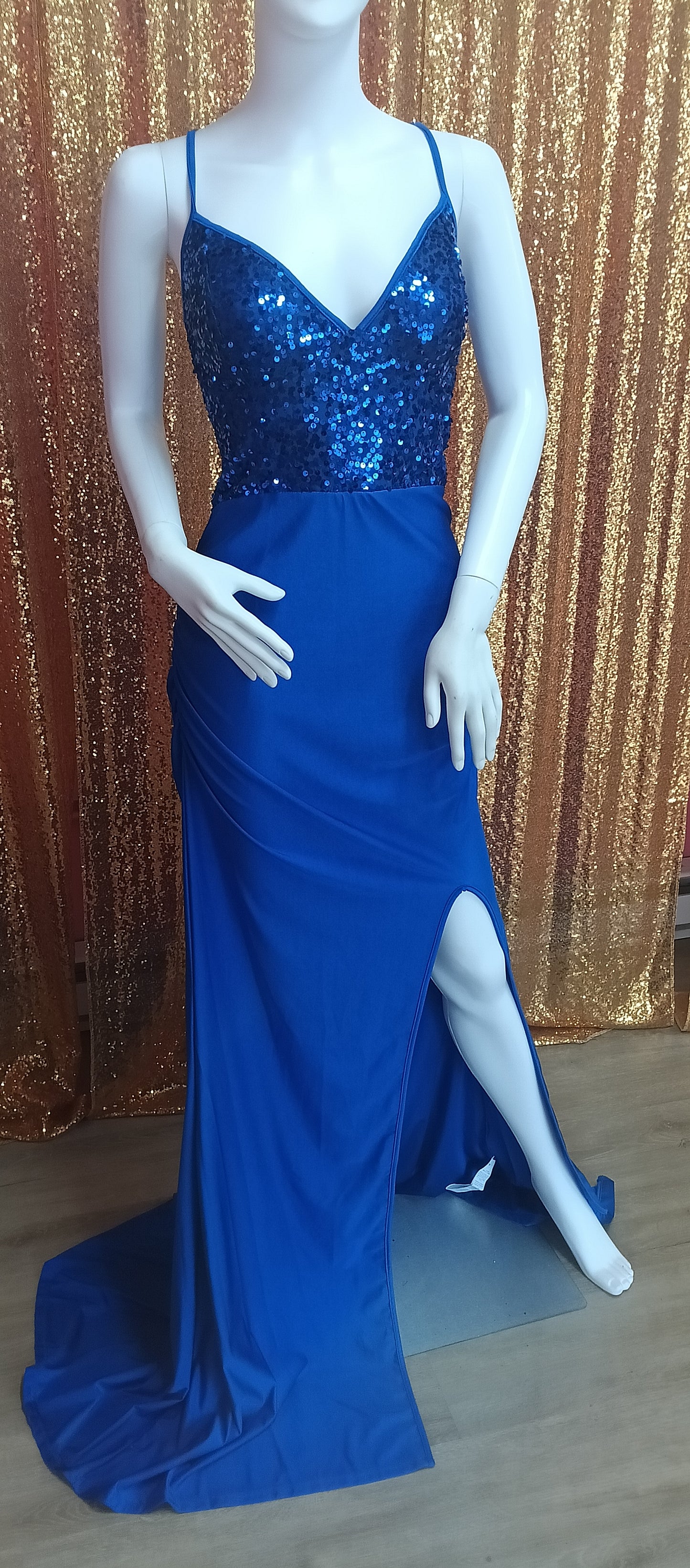 Royal blue sequin satin with slit