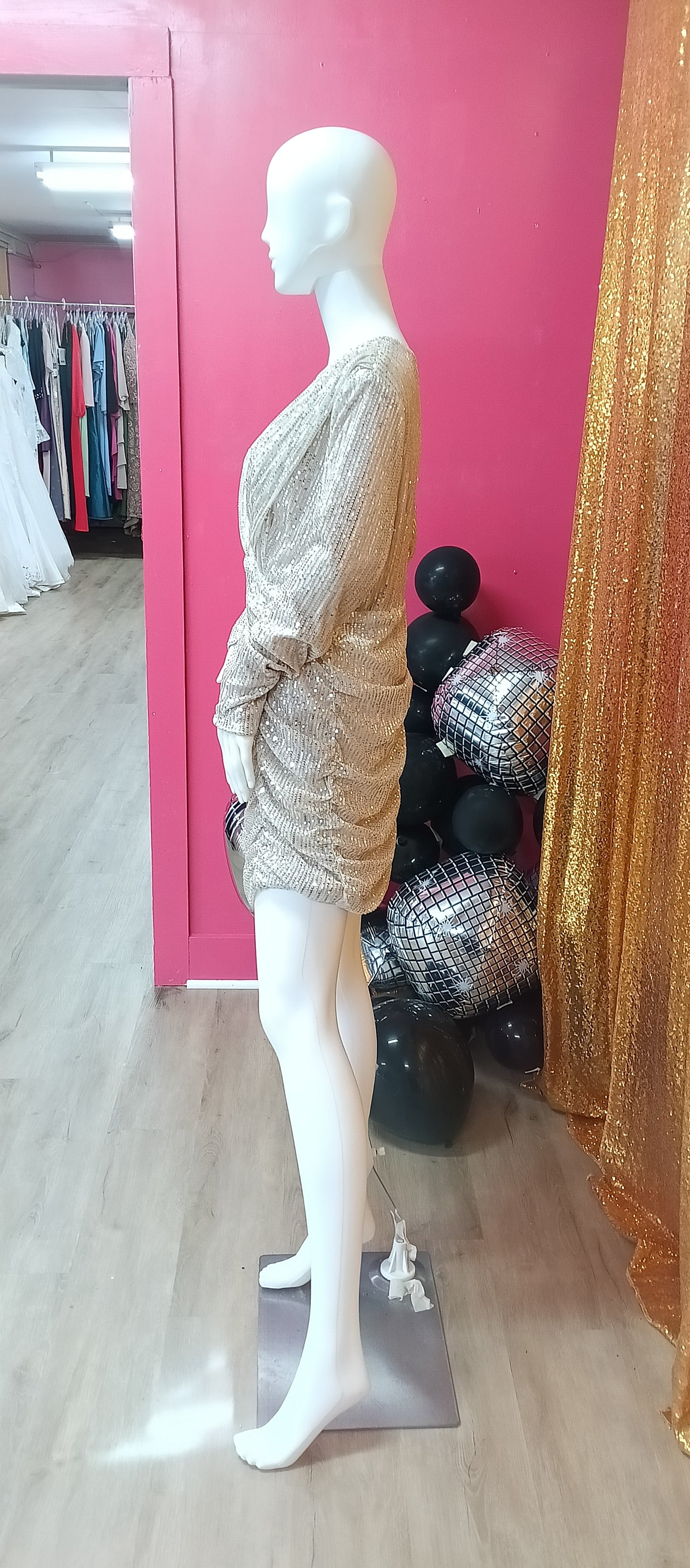 Long Sleeve Sequin Champagne Hoco