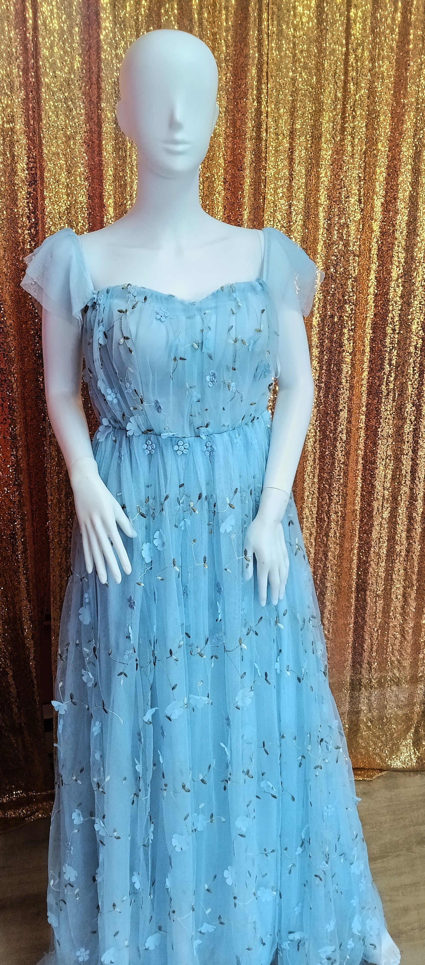 Baby blue off shoulder floral ball gown dress
