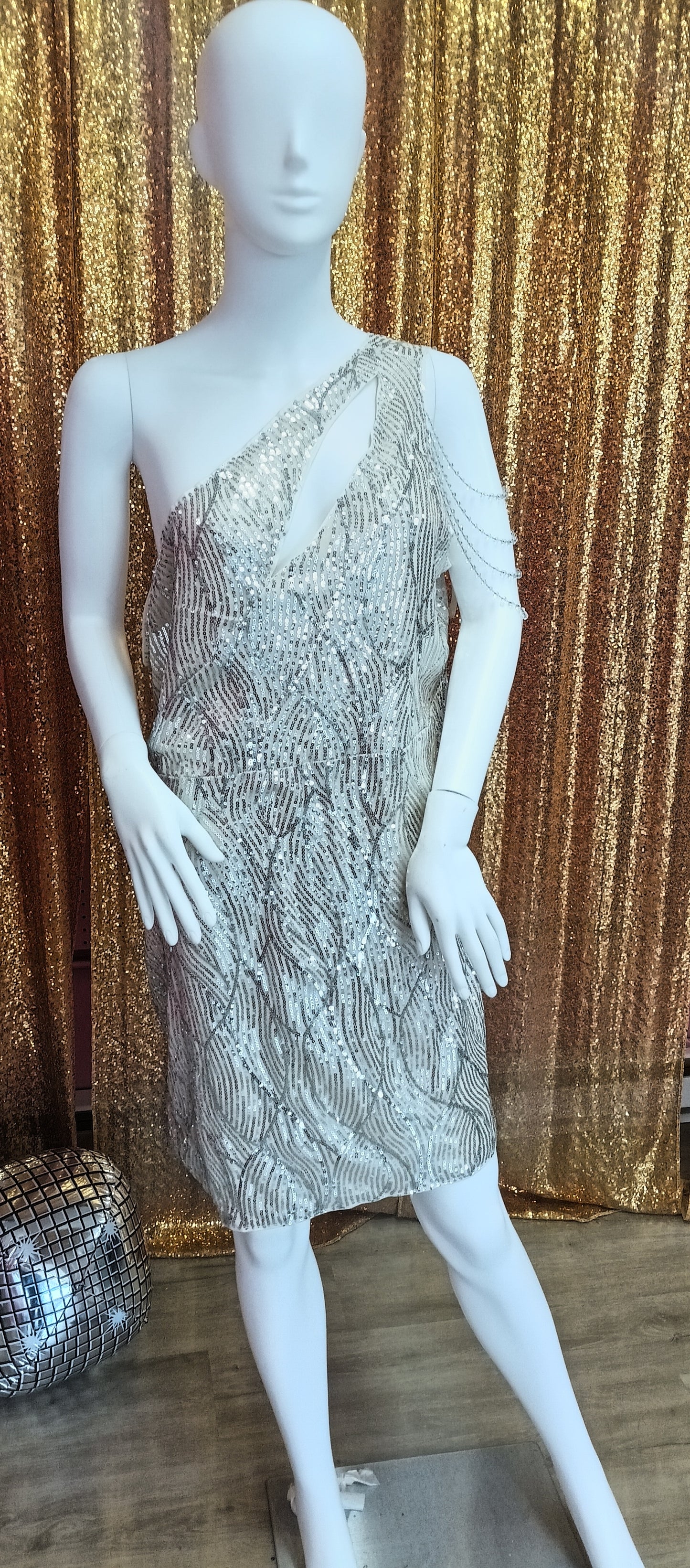 Plus Size One Shoulder Champagne Sequin Hoco