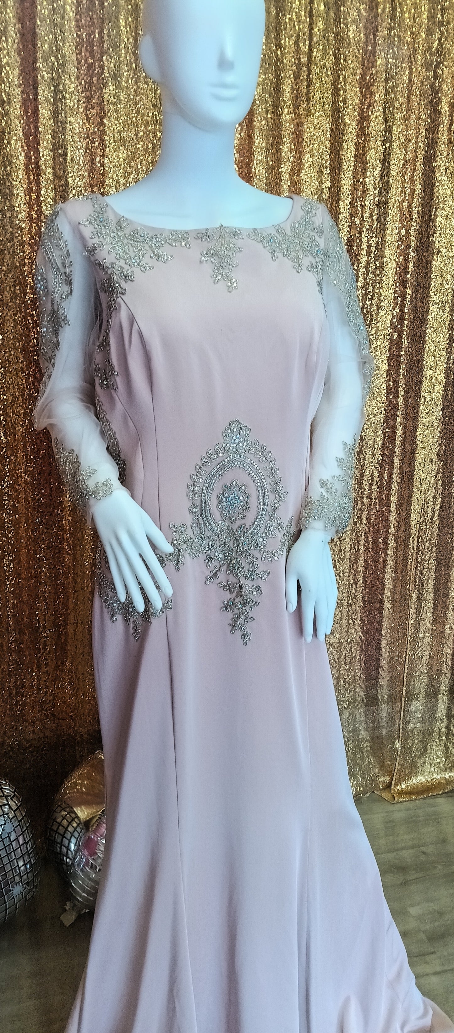 Romance couture blush pink long sleeve formal dress