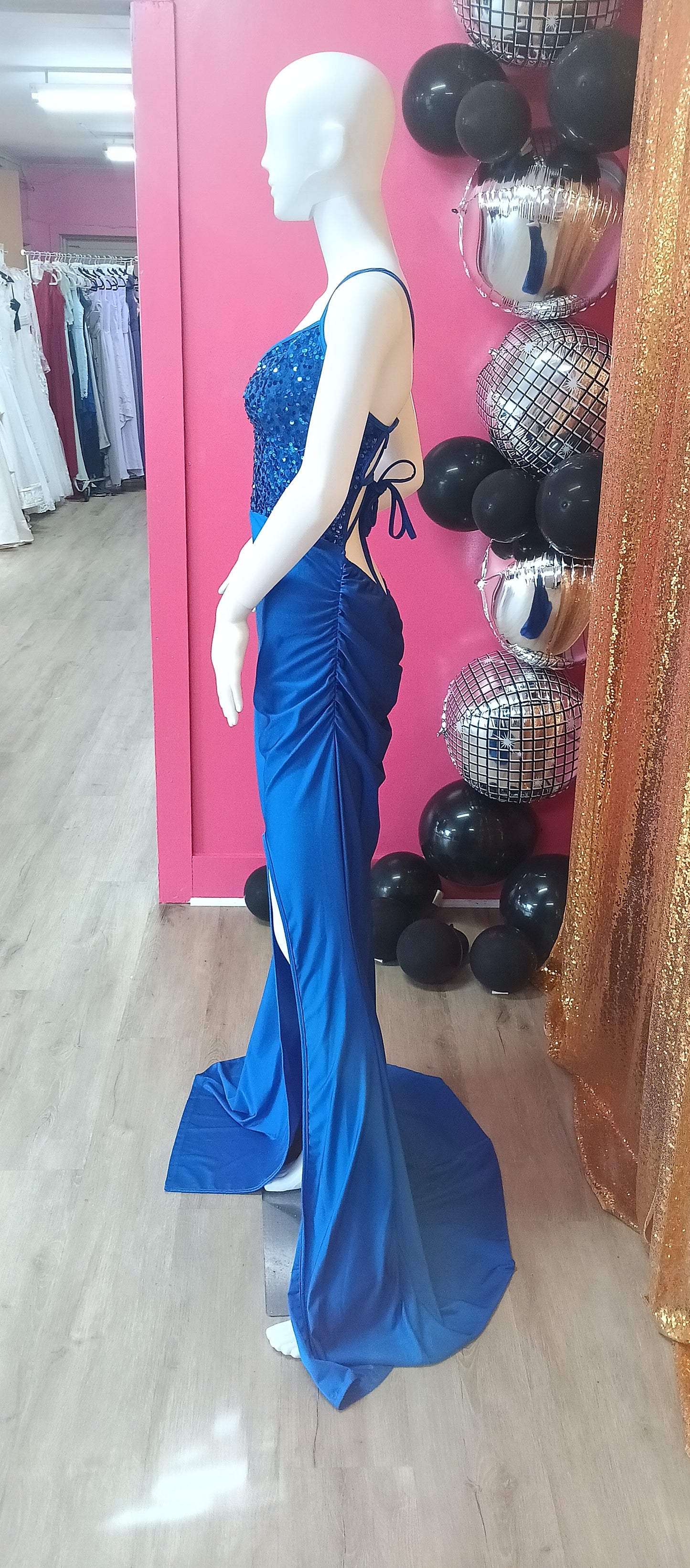 Royal blue sequin satin with slit
