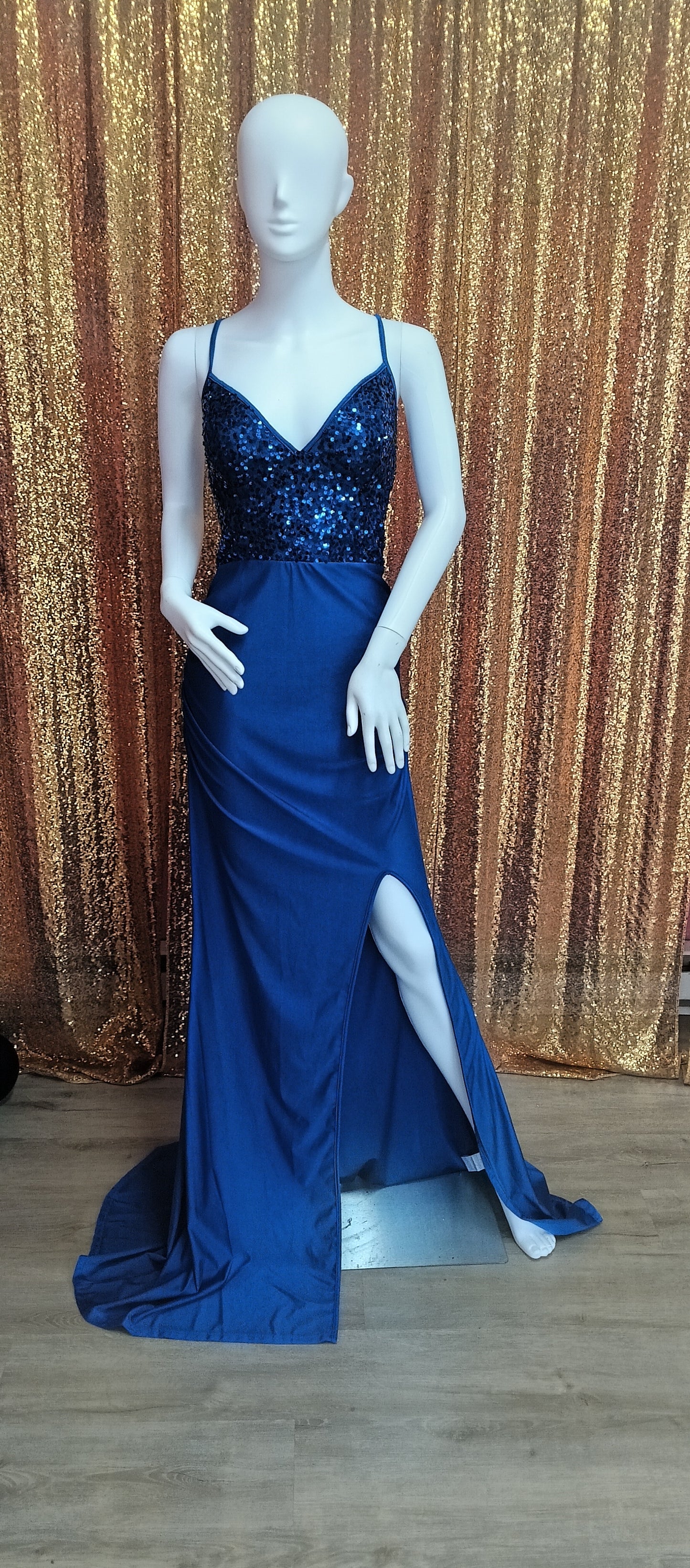 Royal blue sequin satin with slit