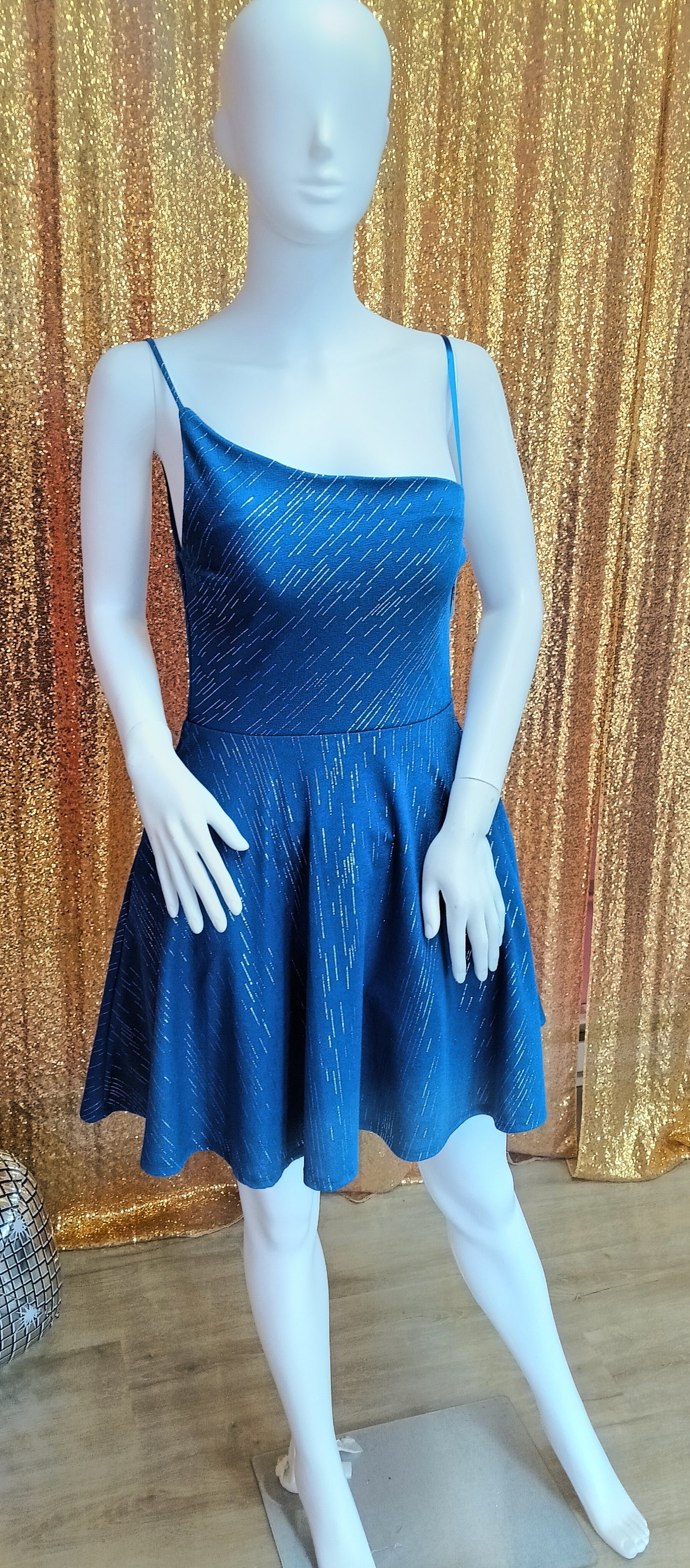 Blue one shoulder fit and flare