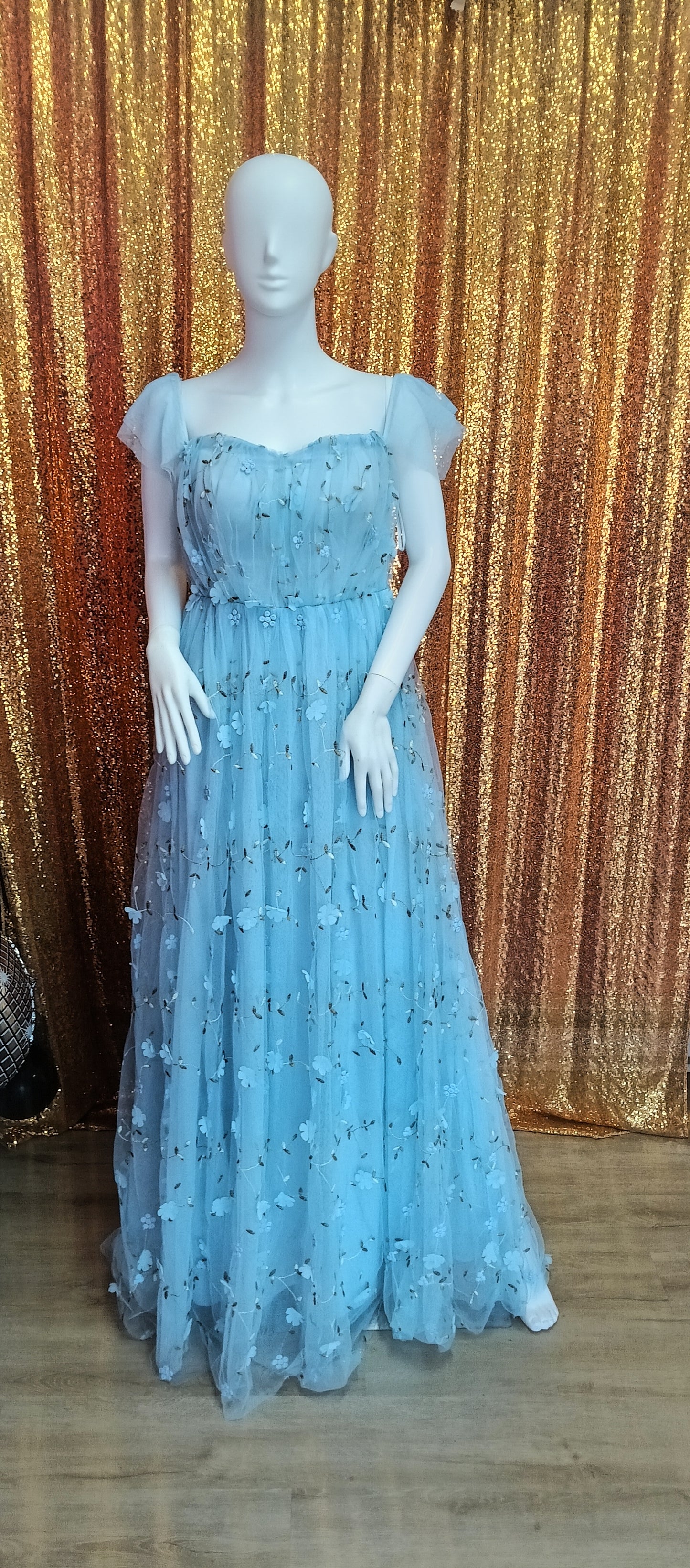Baby blue off shoulder floral ball gown dress