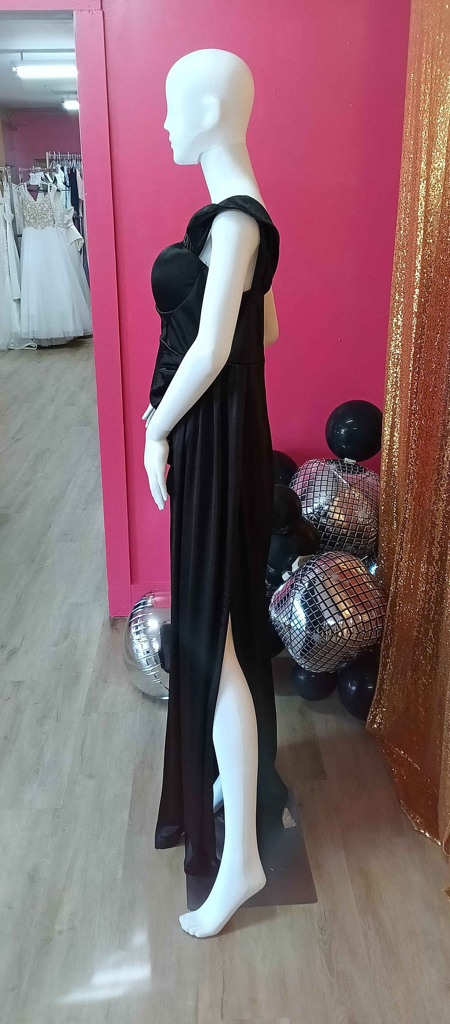 Off shoulder black satin couture