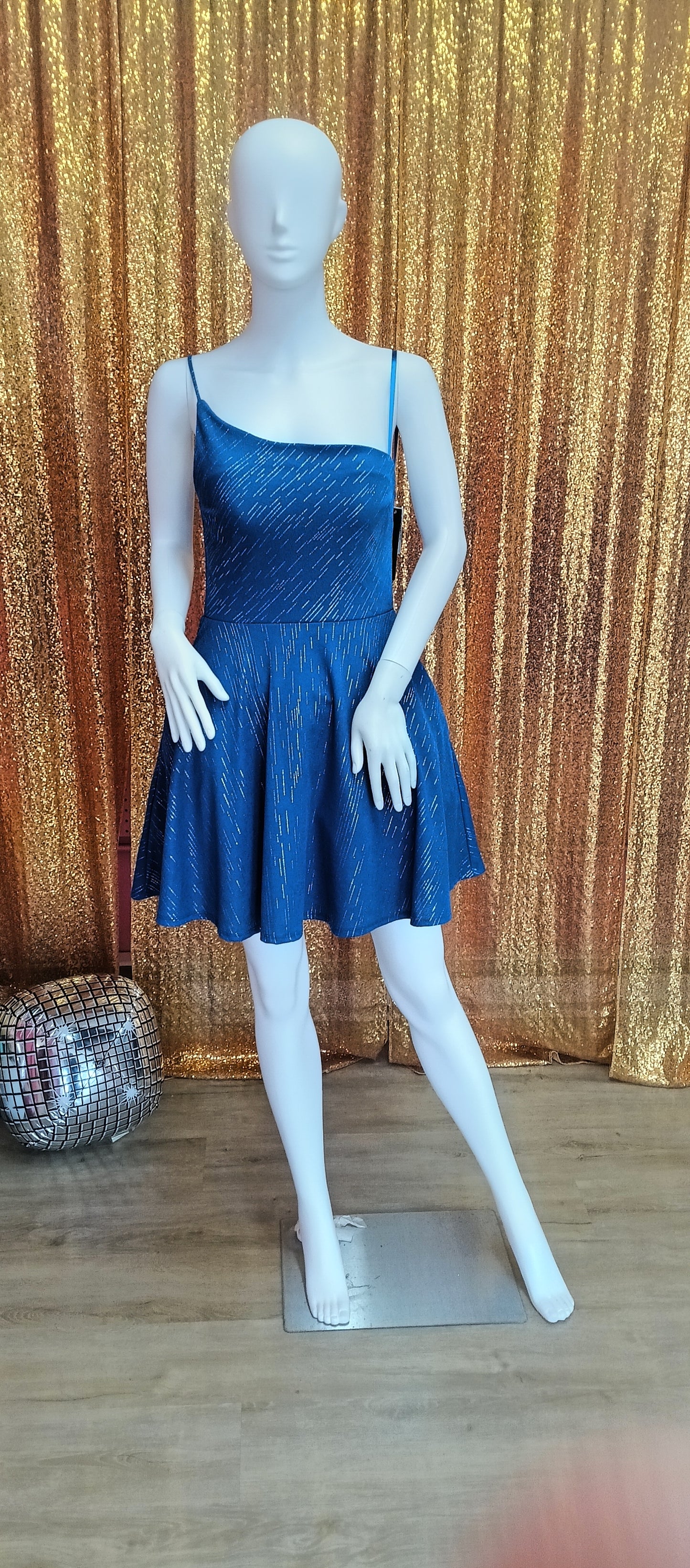 Blue one shoulder fit and flare