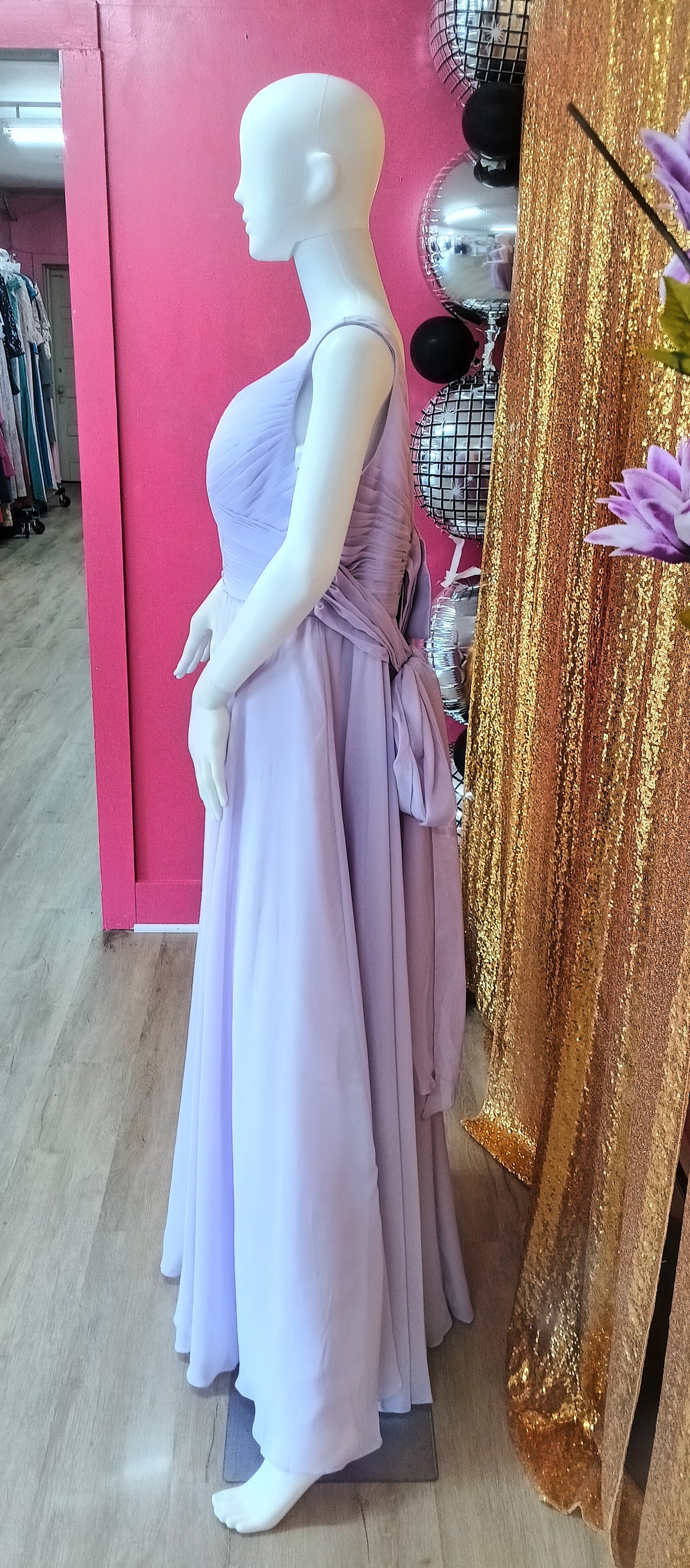 Lavender chiffon v-neck bridesmaids dress