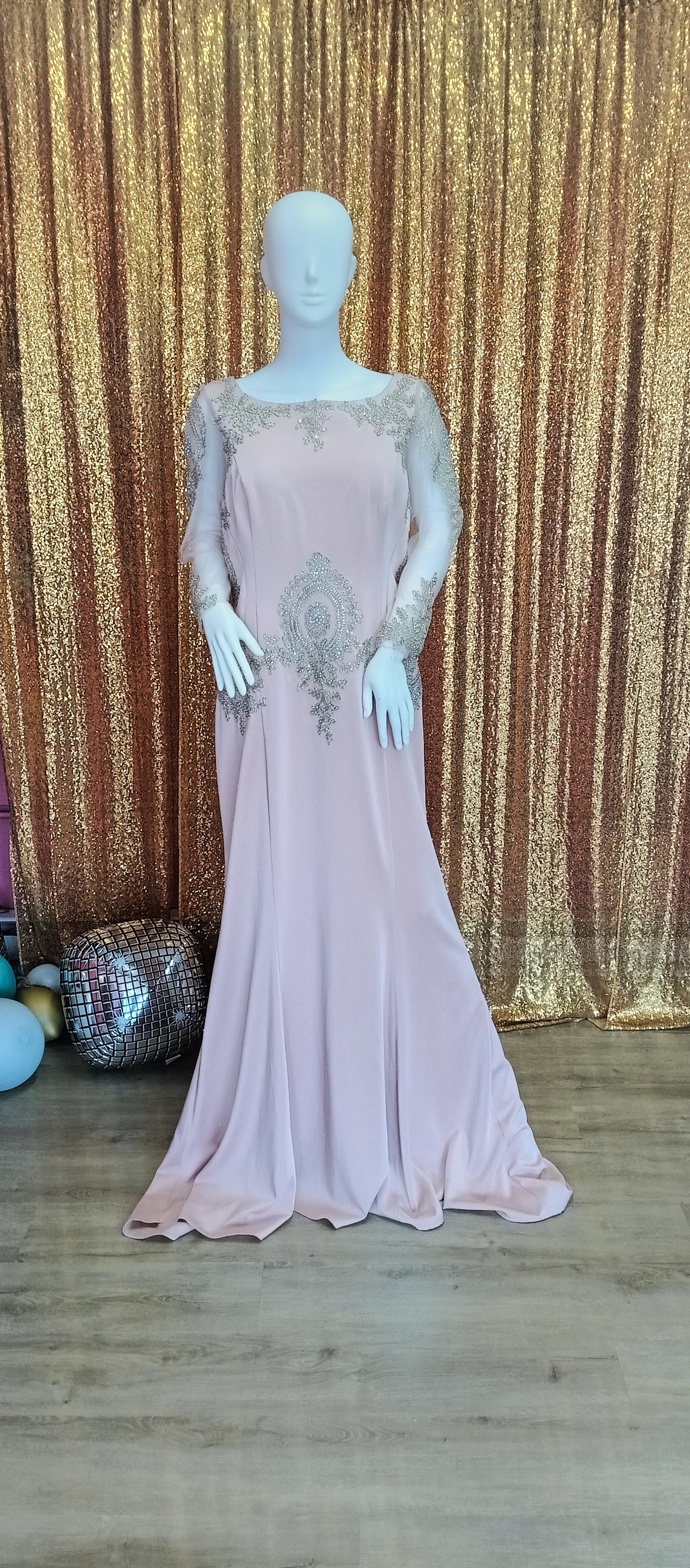 Romance couture blush pink long sleeve formal dress