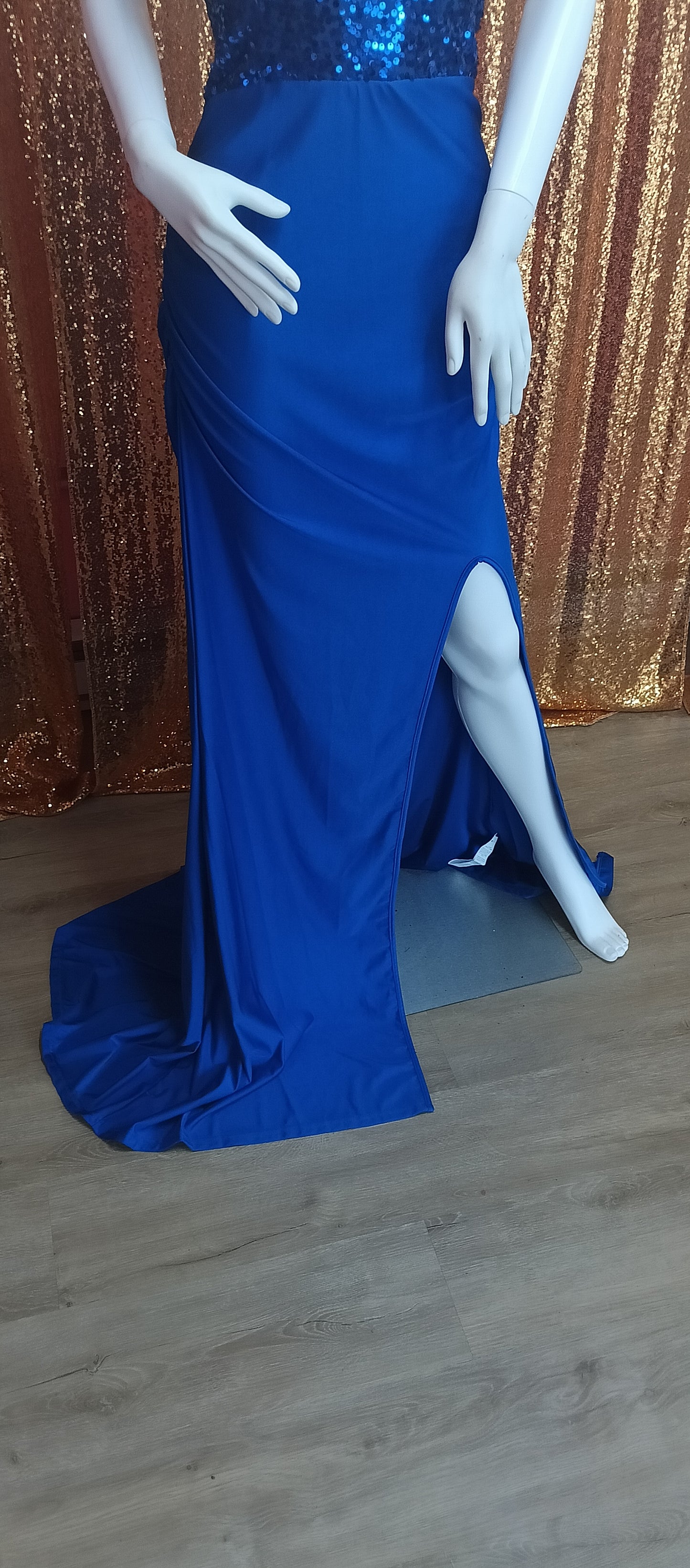 Royal blue sequin satin with slit