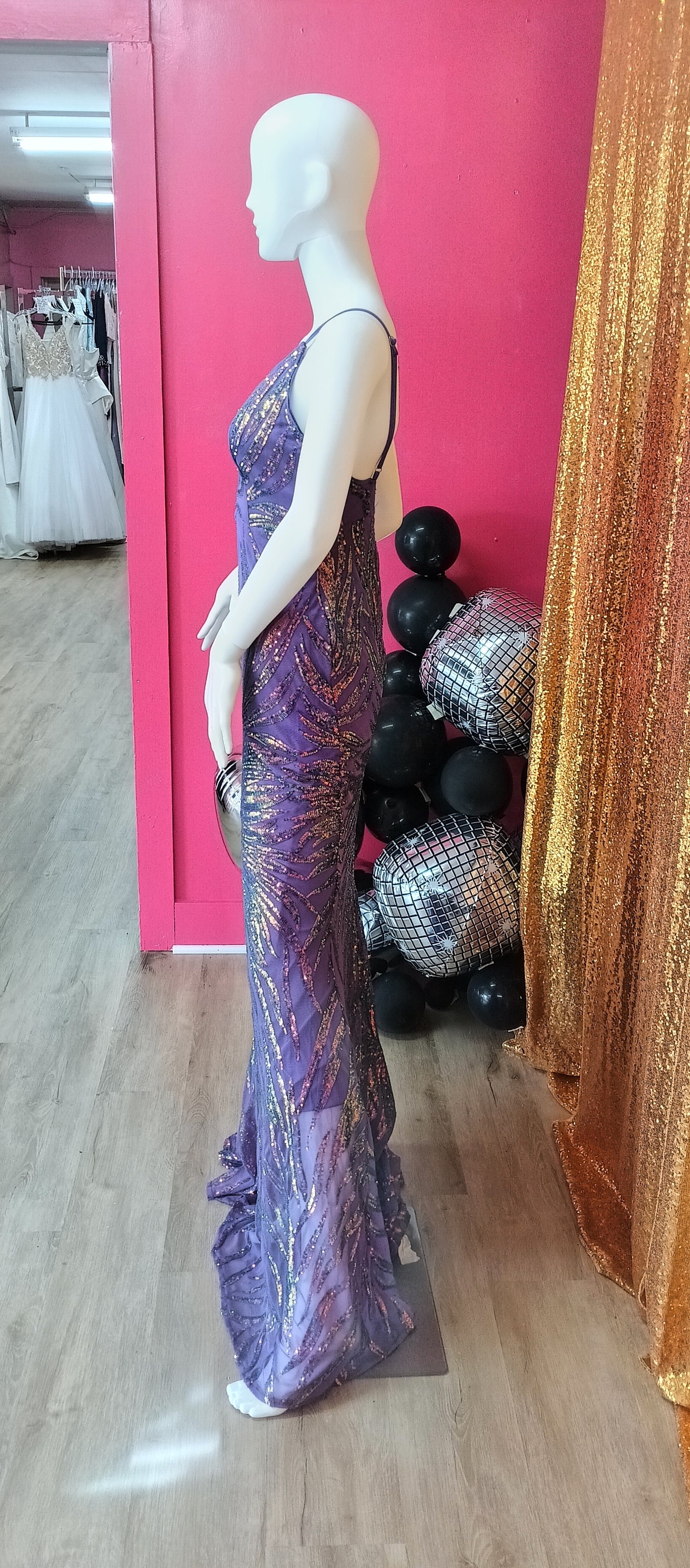 Purple sequin couture prom dress