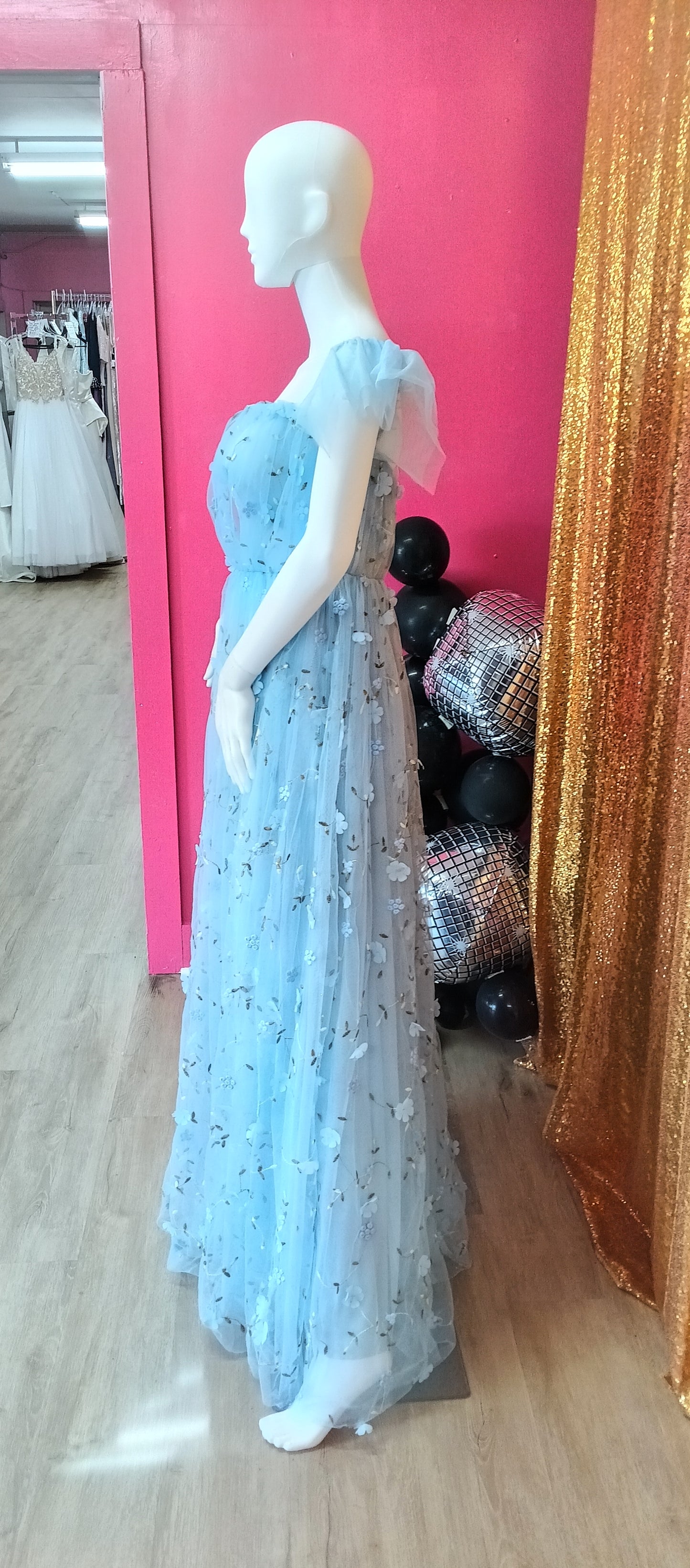 Baby blue off shoulder floral ball gown dress