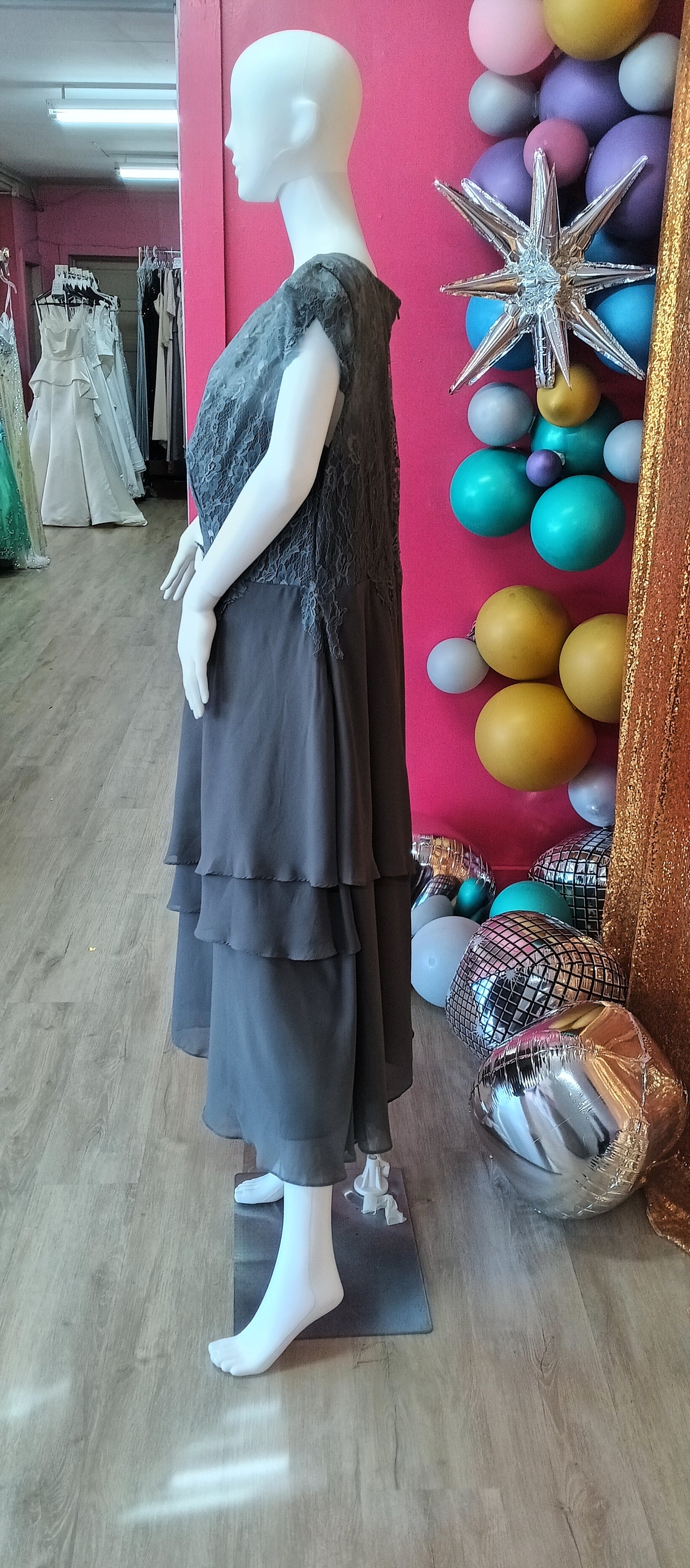 Grey ruffle chiffon formal dress