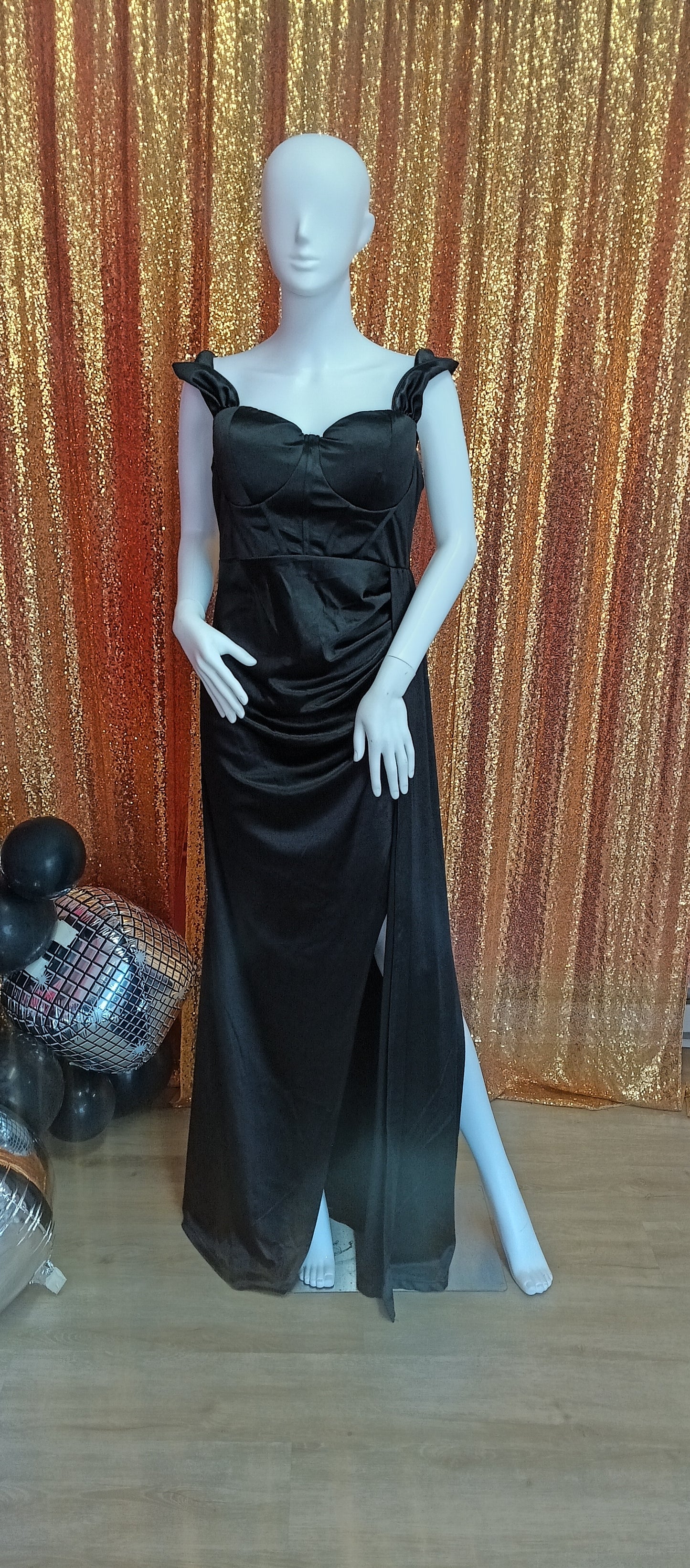 Off shoulder black satin couture