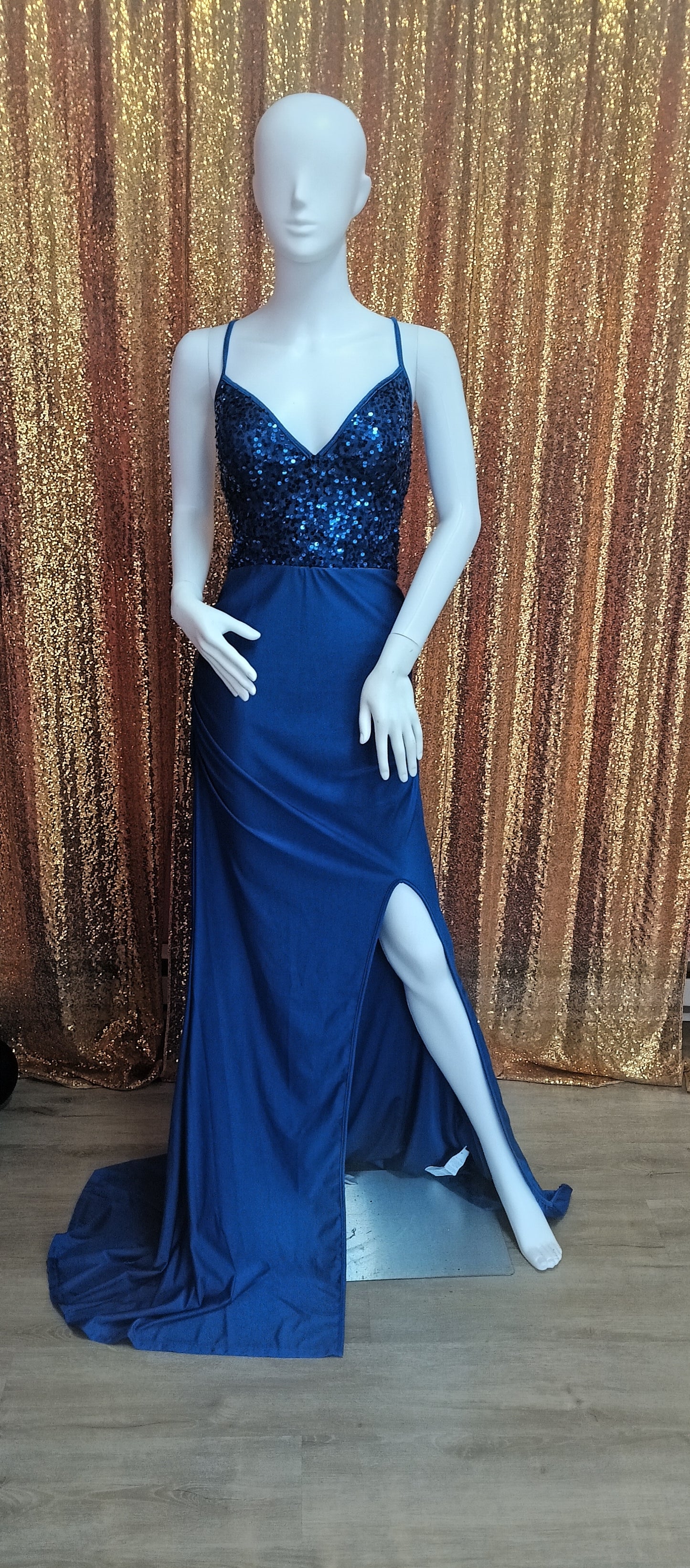 Royal blue sequin satin with slit