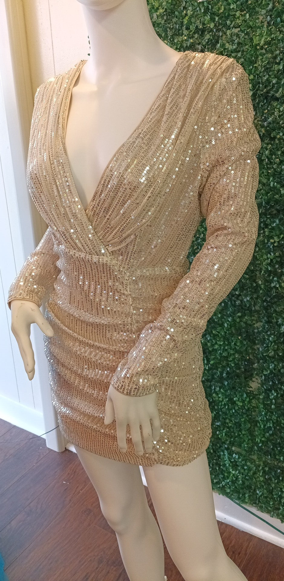 Long Sleeve Sequin Champagne Hoco