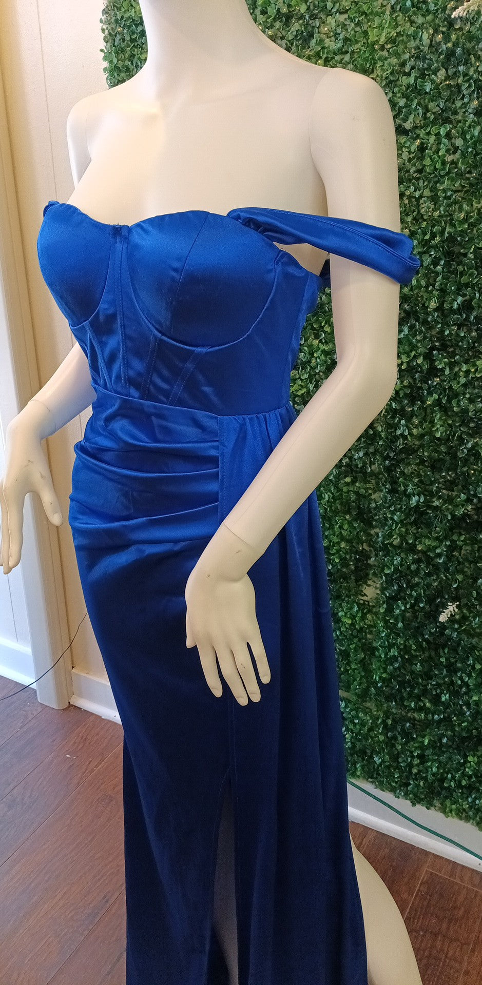 Off shoulder royal blue satin couture