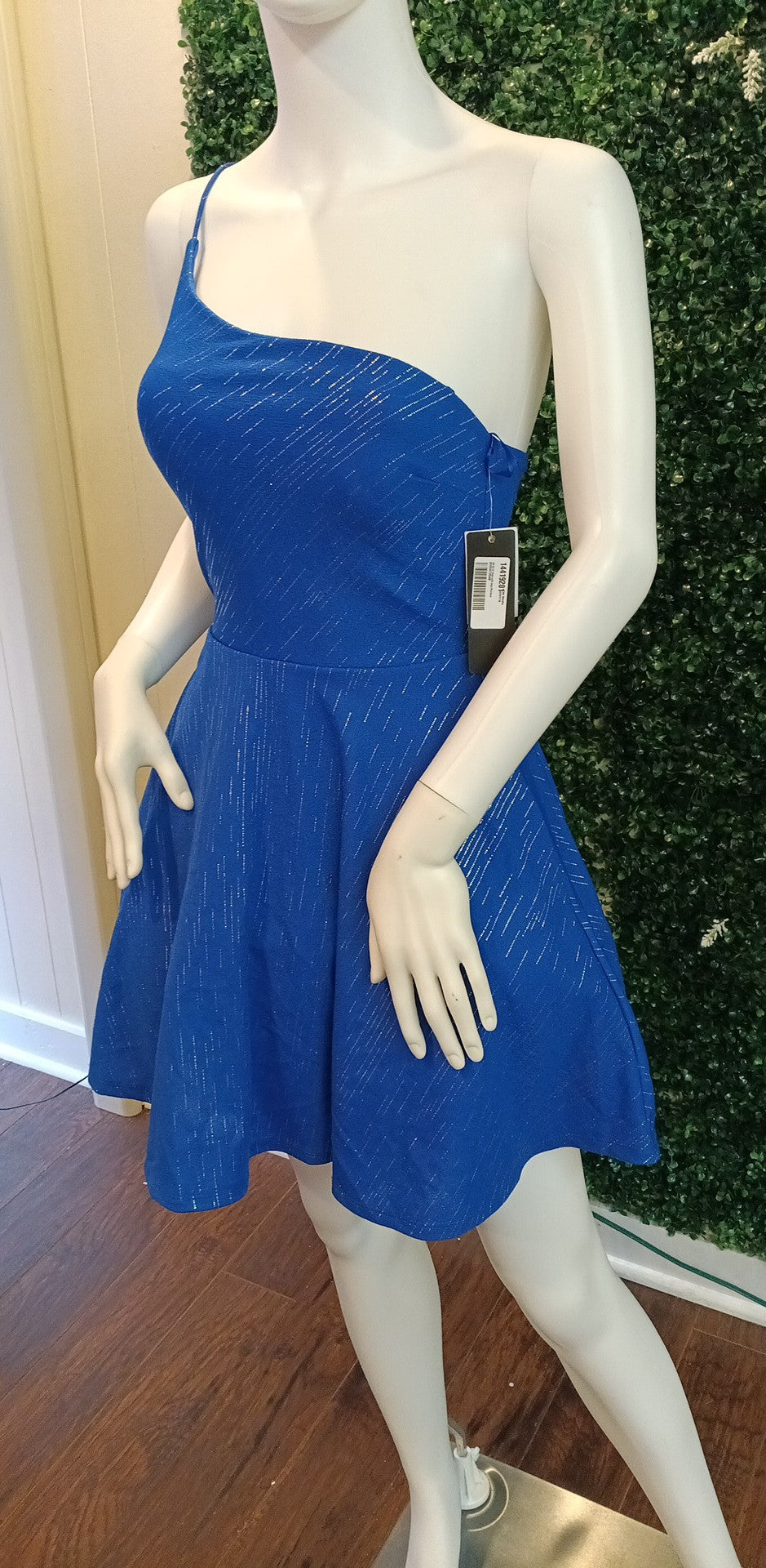 Blue one shoulder fit and flare