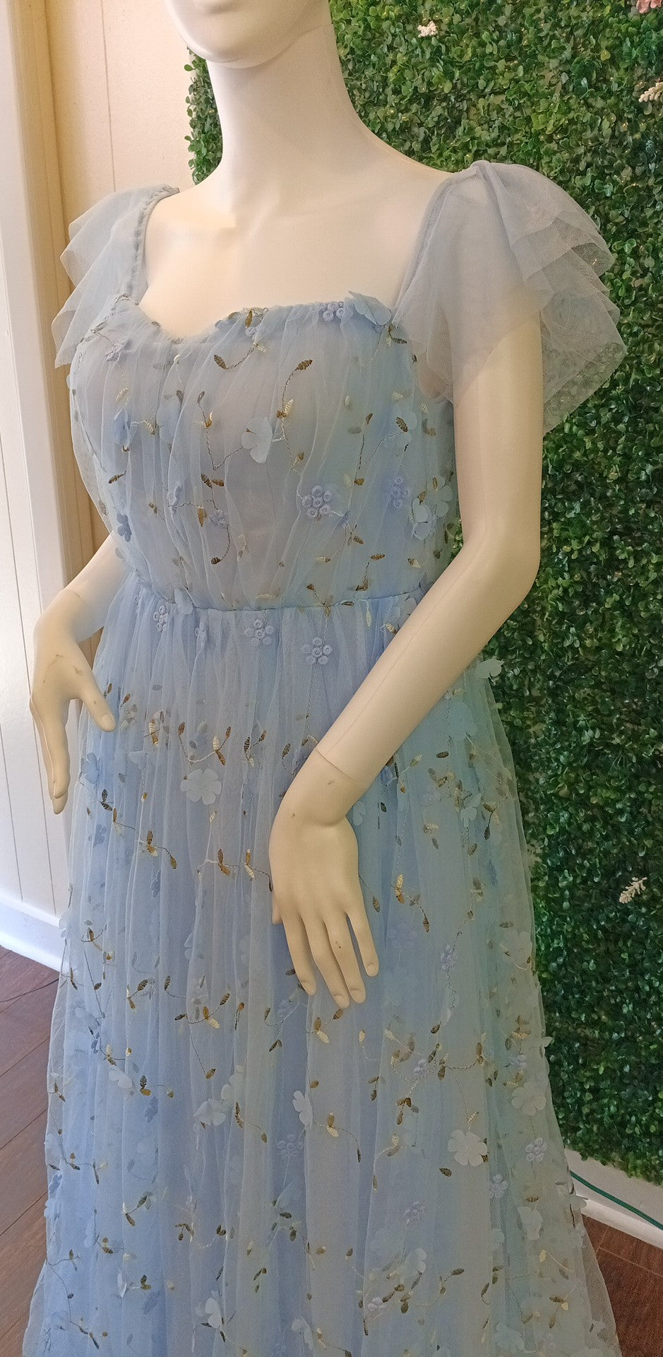 Baby blue off shoulder floral ball gown dress