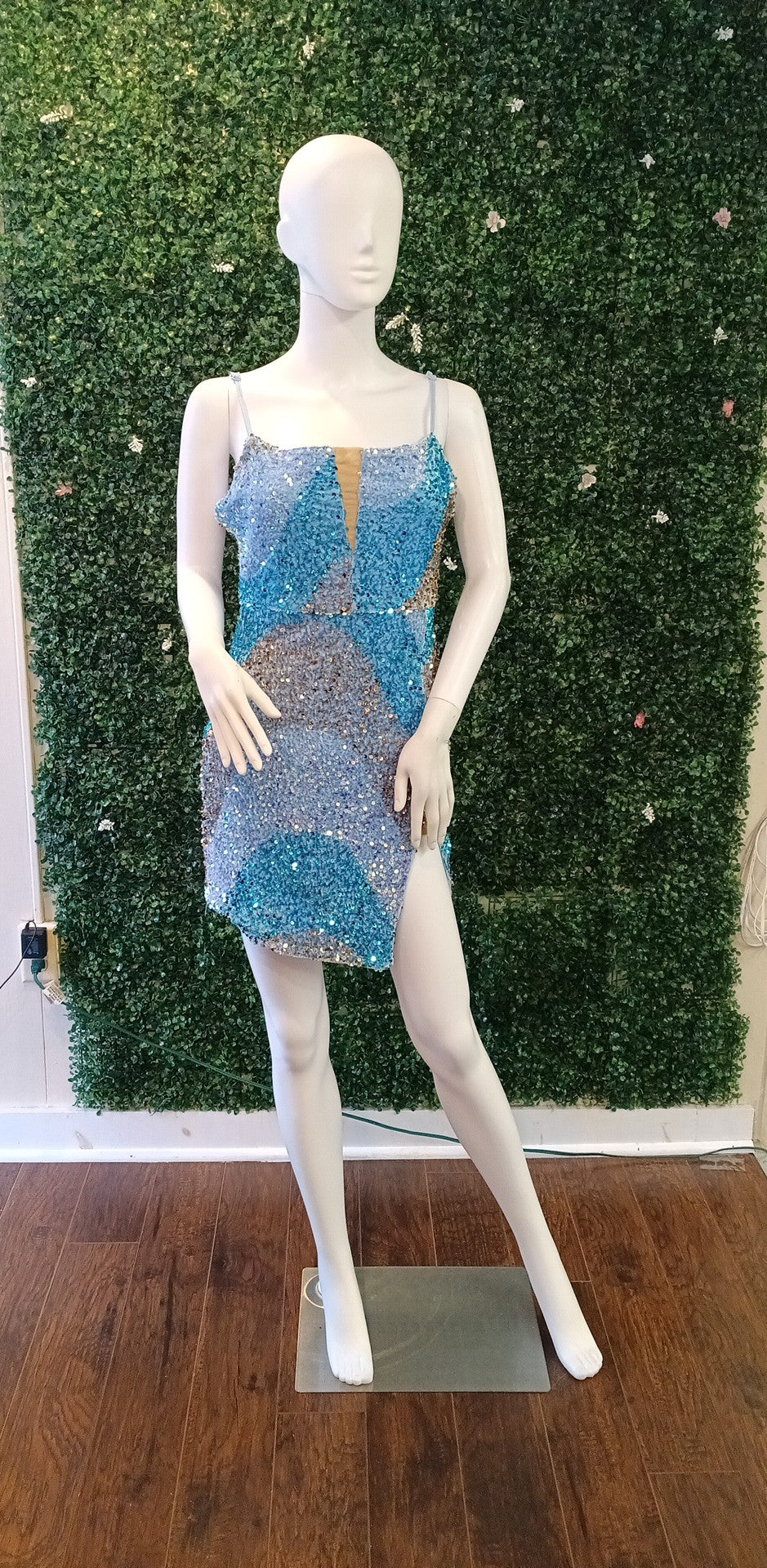 Multi Blue sequin spaghetti strap hoco