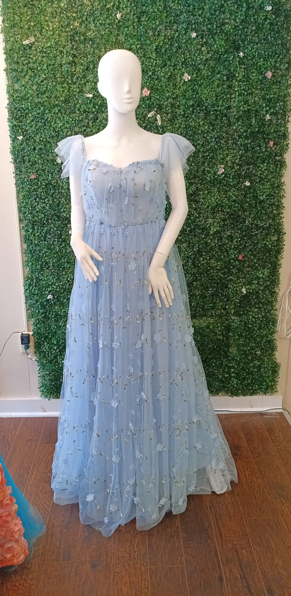 Baby blue off shoulder floral ball gown dress