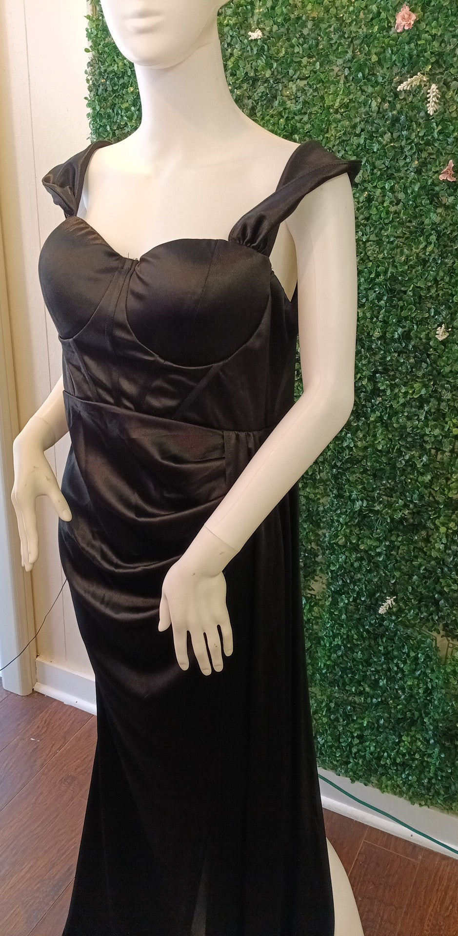 Off shoulder black satin couture