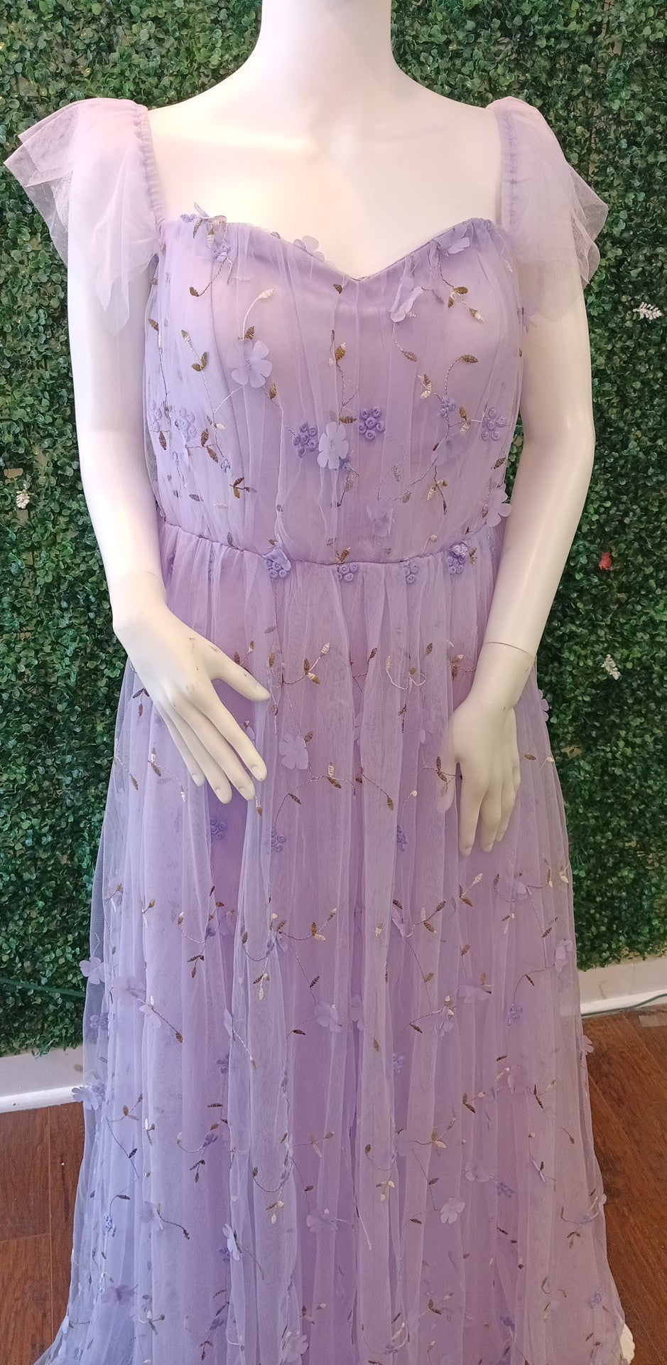 Lavender off shoulder floral ball gown dress