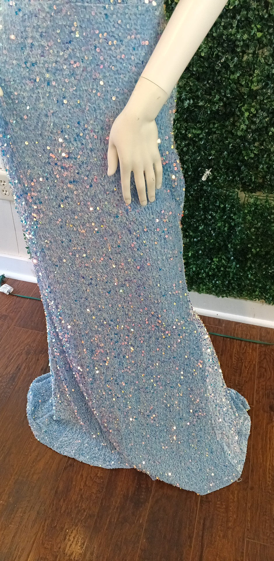 Baby blue sequin spaghetti strap couture prom dress