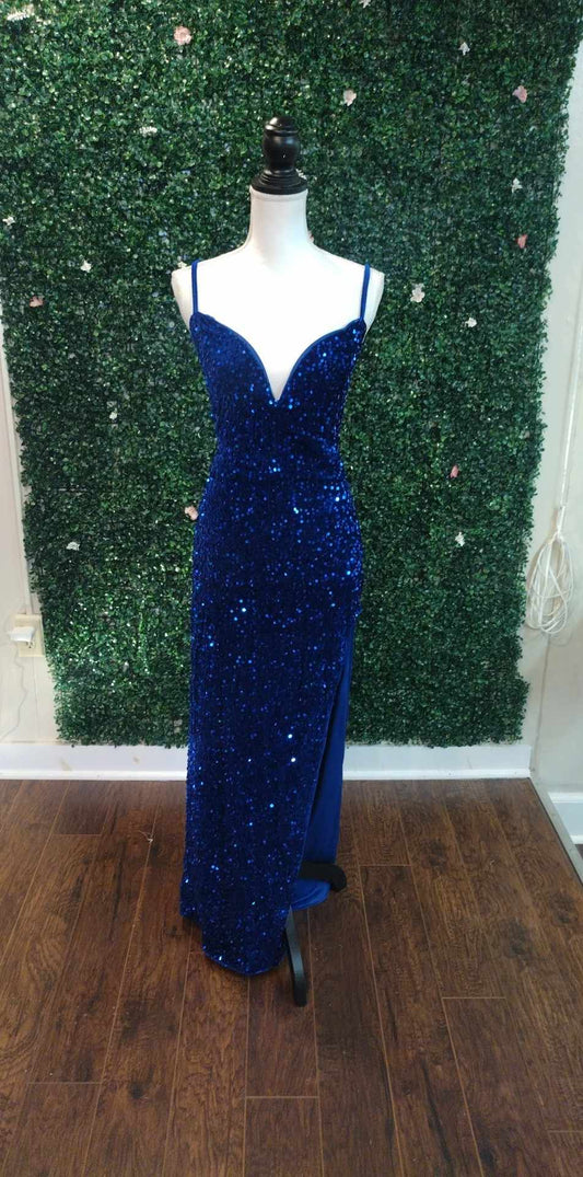 Royal Blue Sequin Couture Prom Dress With Slit