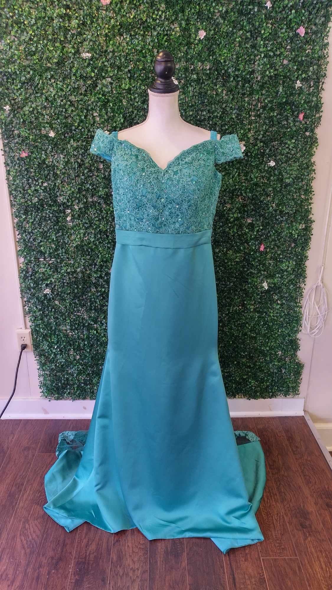 Emerald green off shoulder lace satin formal dress