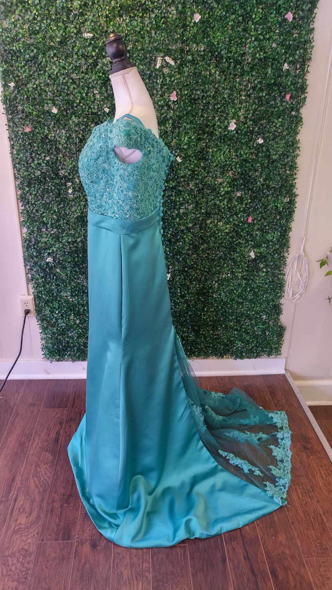 Emerald green off shoulder lace satin formal dress