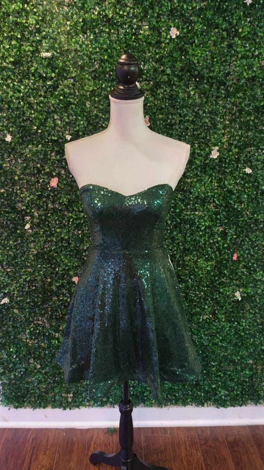 Emerald green fit and flare formal dress