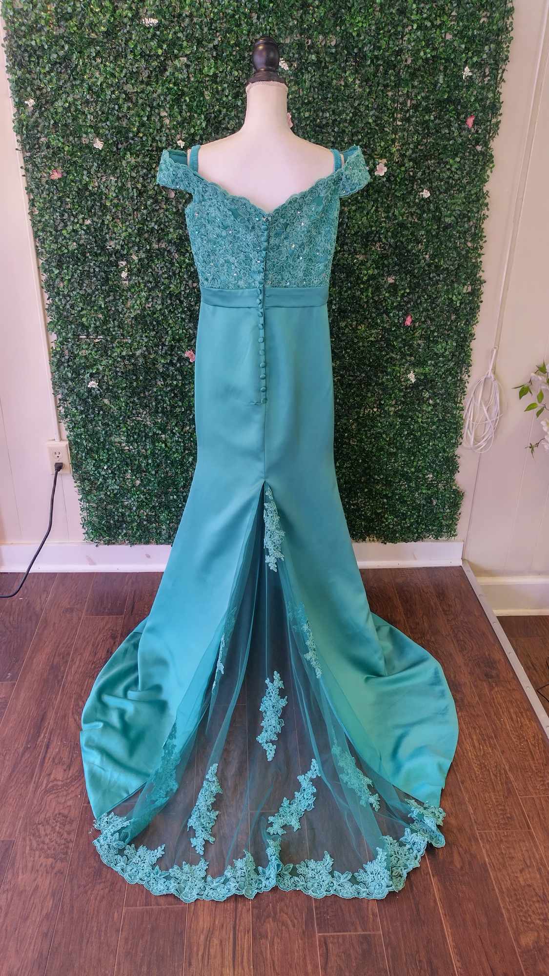 Emerald green off shoulder lace satin formal dress