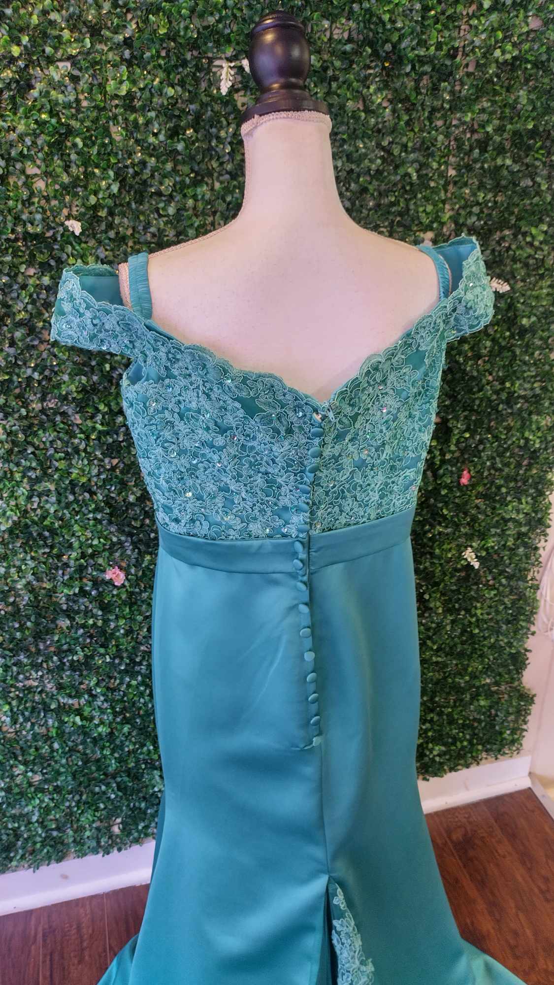 Emerald green off shoulder lace satin formal dress