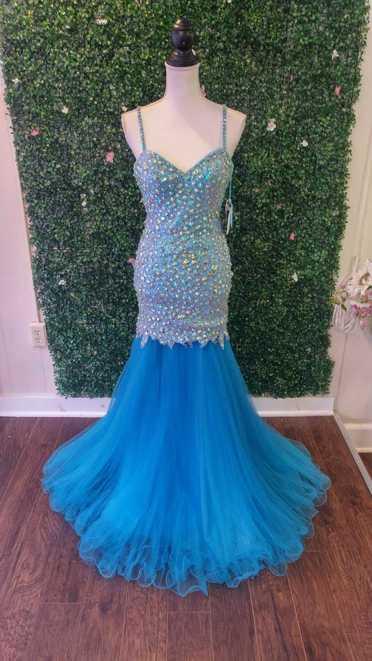 Baby blue crystal beaded mermaid prom dress