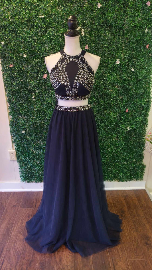 Blondie Nites 2 piece navy blue chiffon prom dress