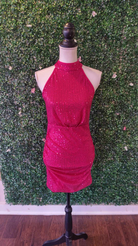 Hot pink sequin halter hoco