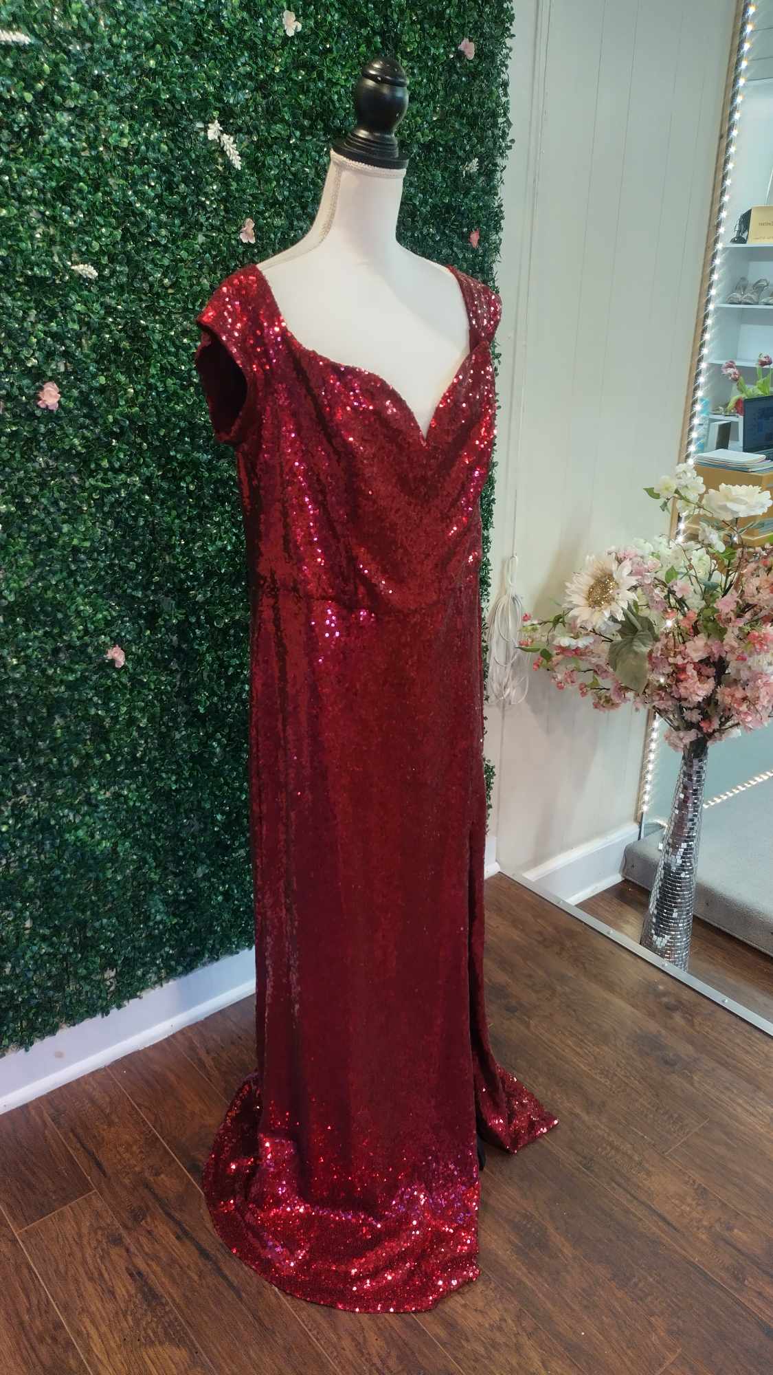 B.Darlin Off Shoulder burgundy Sequin Formal Dress