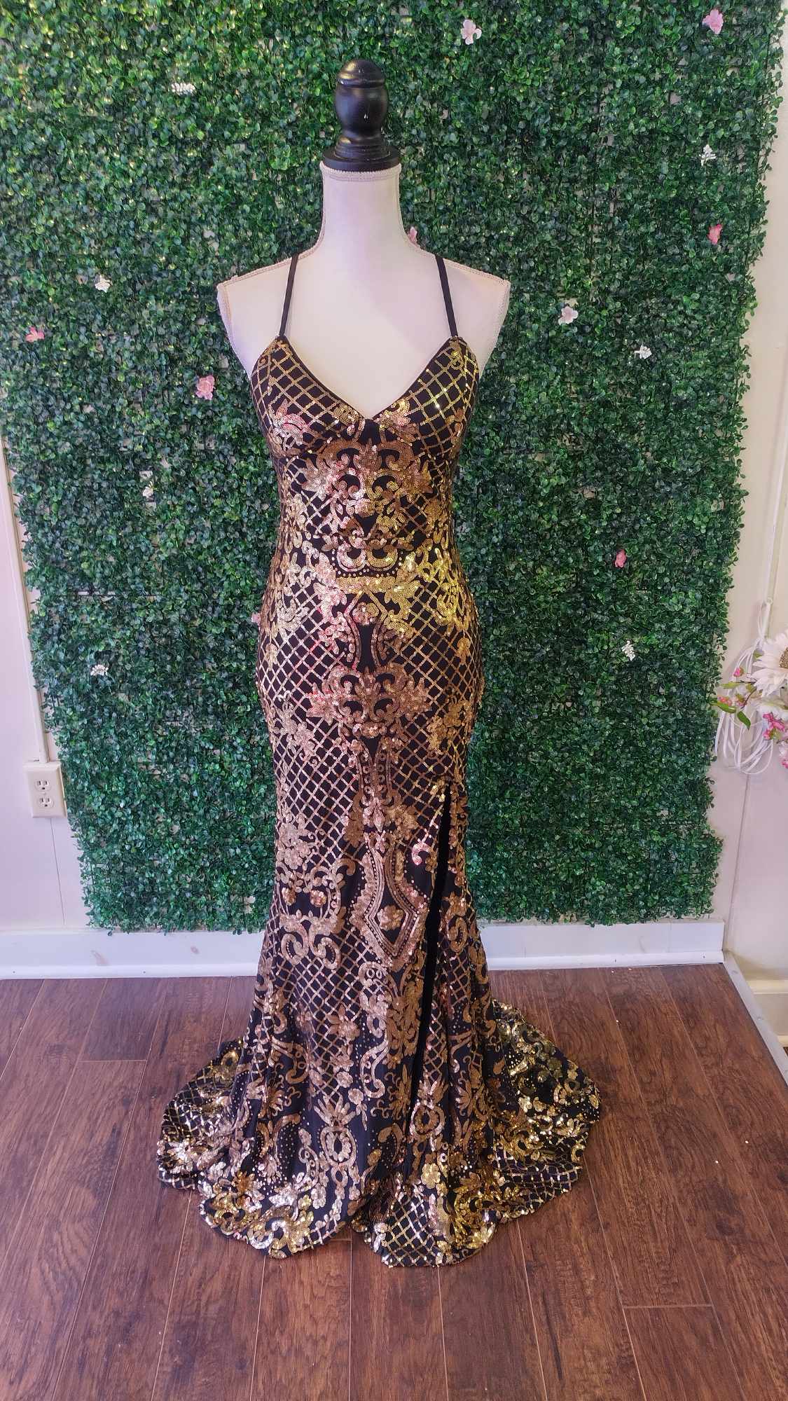 Gold goddess sequin couture prom dress