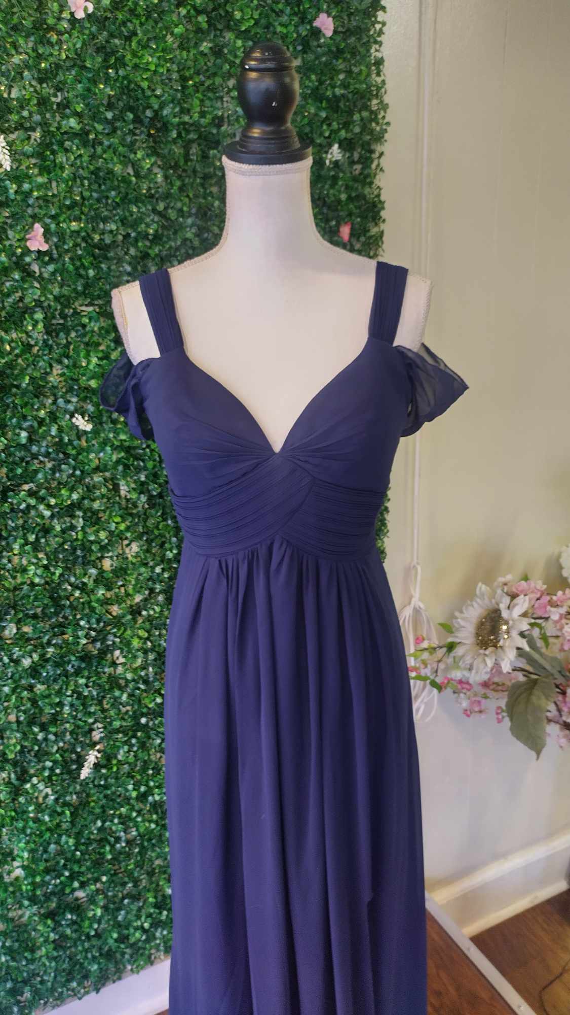 Off shoulder navy blue chiffon bridesmaids dress