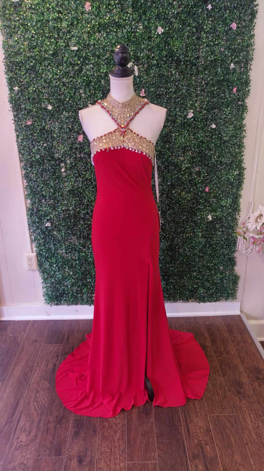 Rachel Allan Red Halter beaded prom dress