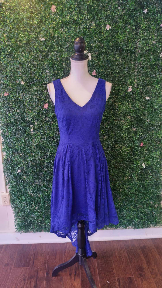 Royal Blue Tea- Length Lace formal dress