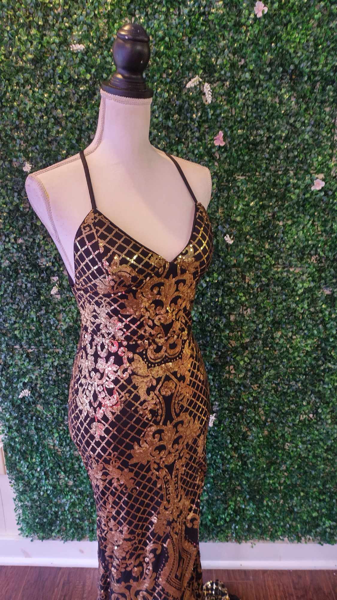 Gold goddess sequin couture prom dress