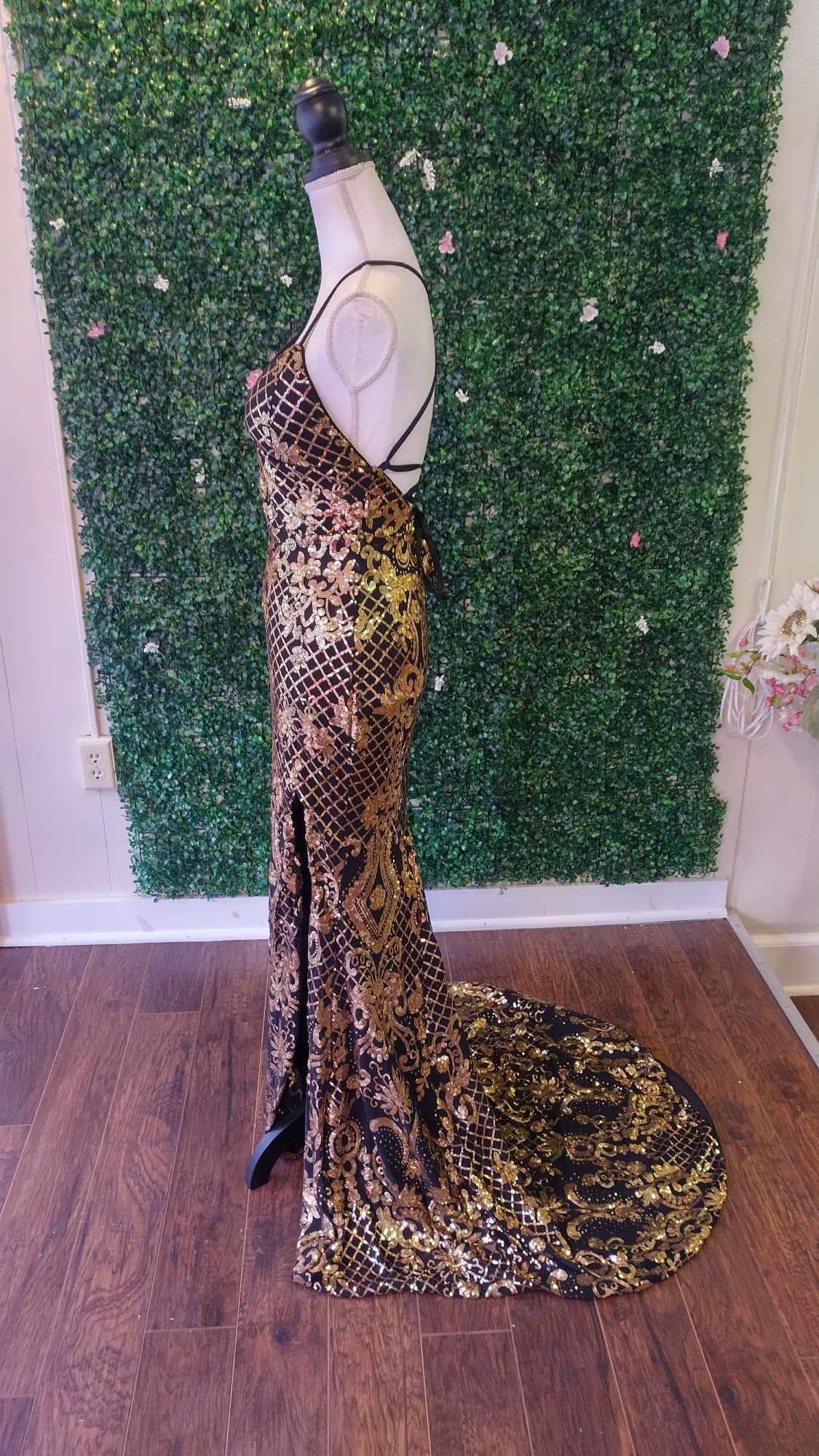 Gold goddess sequin couture prom dress