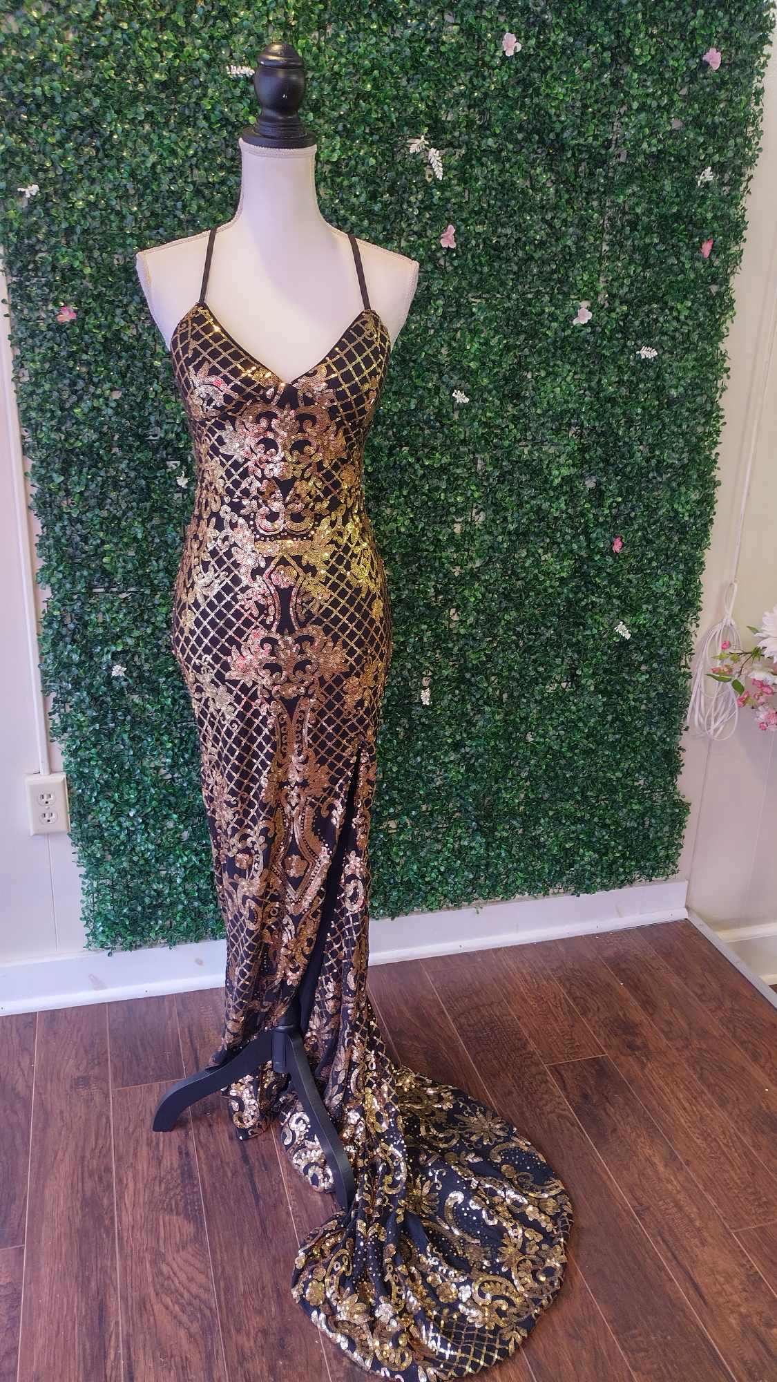 Gold goddess sequin couture prom dress