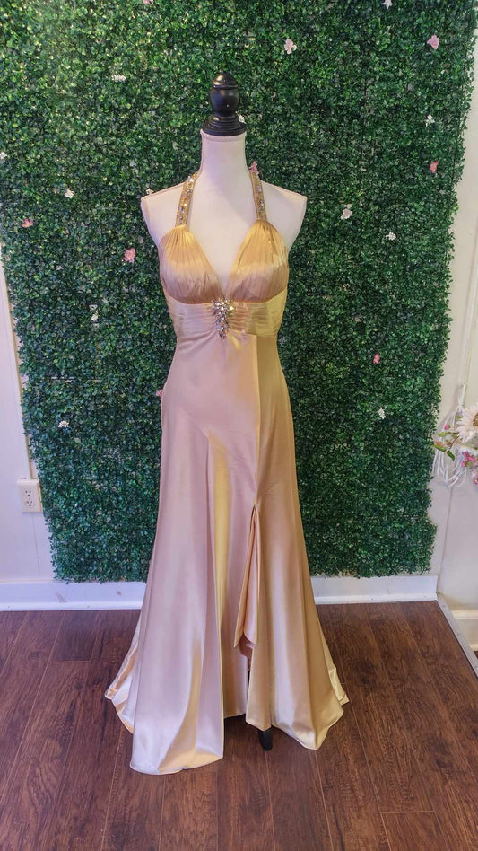 Studio 17 gold satin prom dress